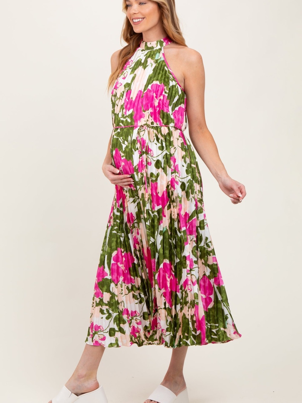 Fuchsia Floral Satin Pleated Halter Neck Maternity Midi Dress